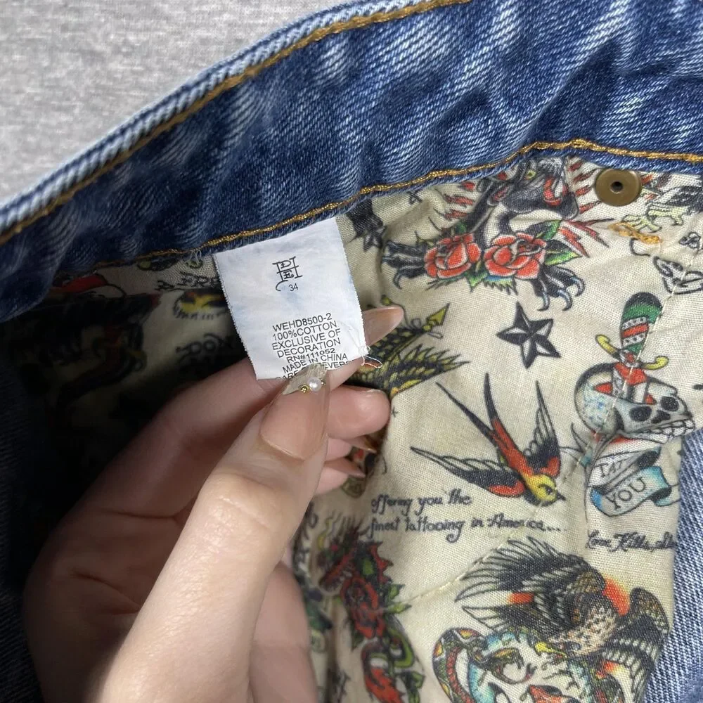 VTG Ed Hardy Jeans Mens 34 Blue Medium Wash Relaxed Straight Tattoo Graphics
